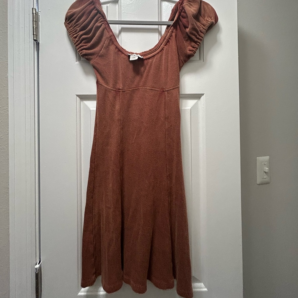 BDG Brown Casual Midi Sundress with Puff Sleeves